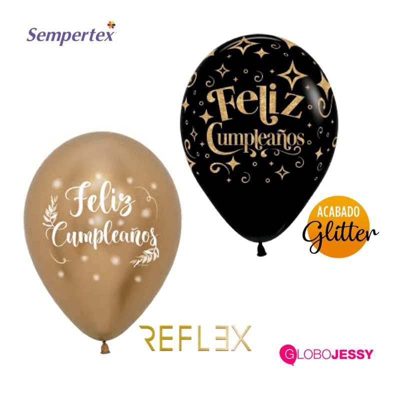 GLOBO LATEX  FELIZ CUMPLEAÑOS  DORADO Y NEGRO X 6 UNDS
