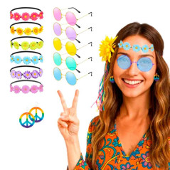 Accesorios de disfraz hippie Vincha-Aretes-Gafas