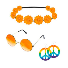 Accesorios de disfraz hippie Vincha-Aretes-Gafas