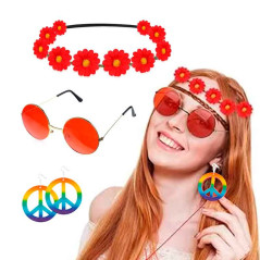 Accesorios de disfraz hippie Vincha-Aretes-Gafas