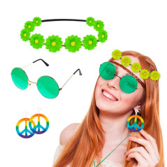 Accesorios de disfraz hippie Vincha-Aretes-Gafas