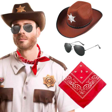 Sombrero Vaquera con detalle estrella Sheriff con Bandana mas Lentes