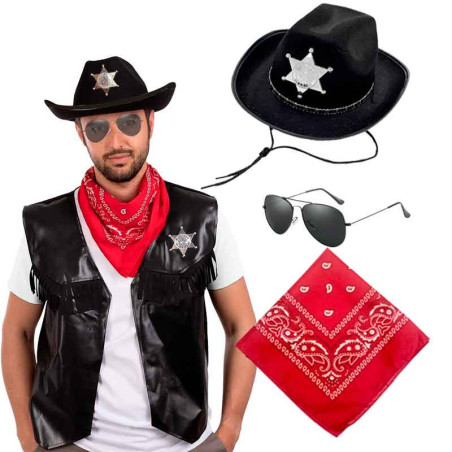 Sombrero Vaquera con detalle estrella Sheriff con Bandana mas Lentes
