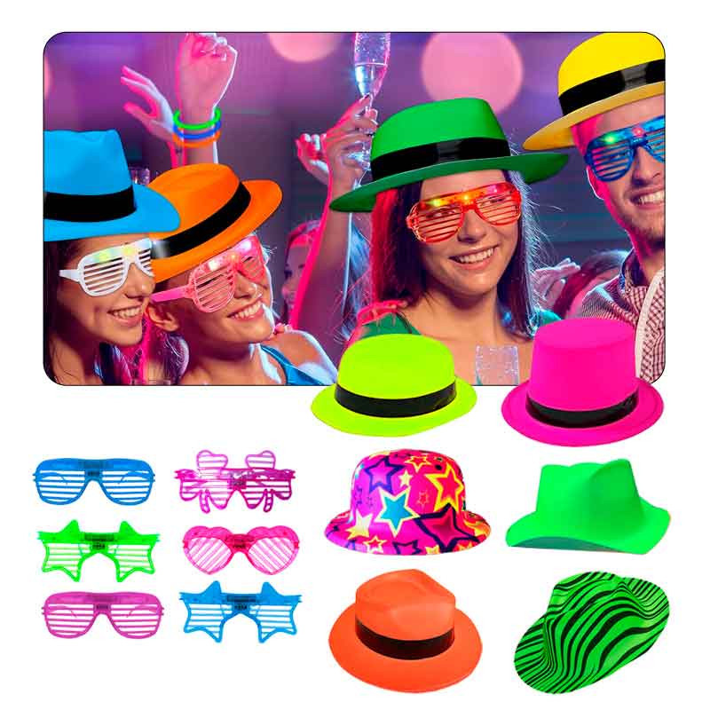 Sombreros Neon y Lentes led (pack x 12 uds)