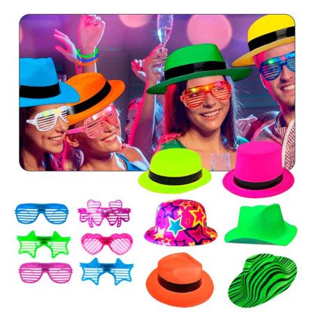 Gorros,sombreros Neon y lentes led (pack x 12uds)