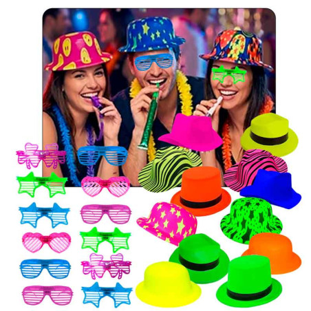 Sombreros Neon y Lentes led (pack x 24 uds)