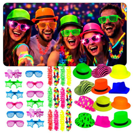 Gorros,sombreros Neon con lentes led y colares (pack x 36 uds)