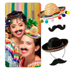 Mini sombrero Mexicano + Bigote (pack 4 uds)