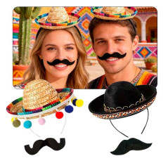 Mini sombrero Mexicano + Bigote (pack 4 uds)