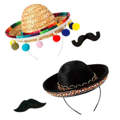 Mini sombrero Mexicano + Bigote (pack 4 uds)