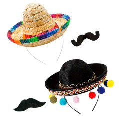 Mini sombrero Mexicano + Bigote (pack 4 uds)