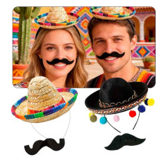 Mini sombrero Mexicano + Bigote (pack 4 uds)