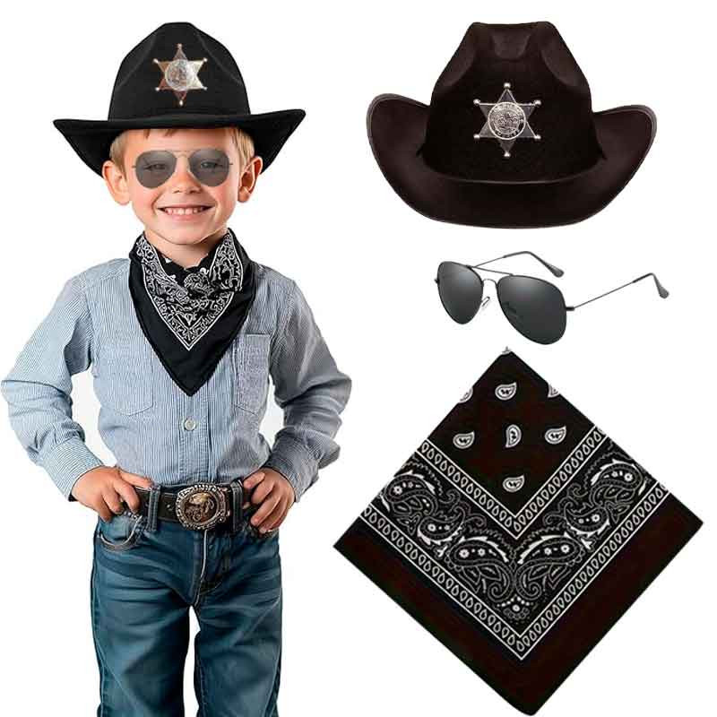 Sombrero Vaquera con detalle estrella Sheriff con Bandana mas Lentes