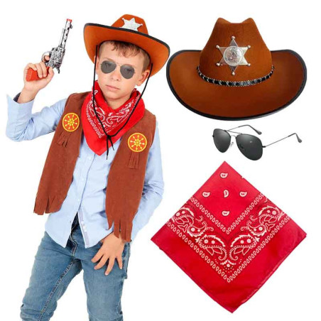 Sombrero Vaquero con detalle estrella Sheriff con Bandana mas Lentes