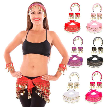 Juego de 3 accesorios Danza del Vientre (Falda, Pulsera, Vincha)