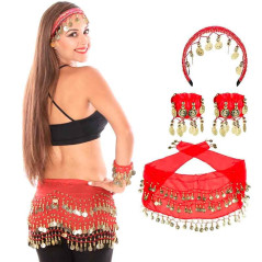 Juego de 3 accesorios Danza del Vientre (Falda, Pulsera, Vincha)