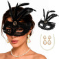 Set Antifaz Veneciano Encaje Con Plumas Negro Y Juego Perlas Set Antifaz Veneciano Encaje Con Plumas Negro Y Juego Perlas