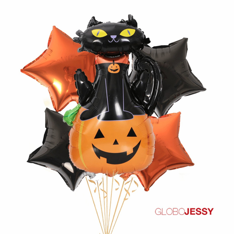 Kit de 5 globos de Gato y Calabaza halloween